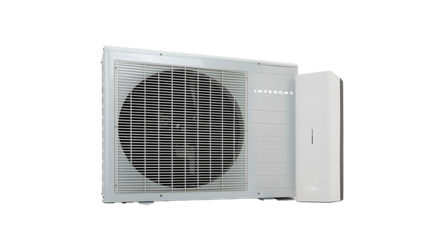 Intergas Xtend warmtepomp: buitenunit en binnenunit naast elkaar