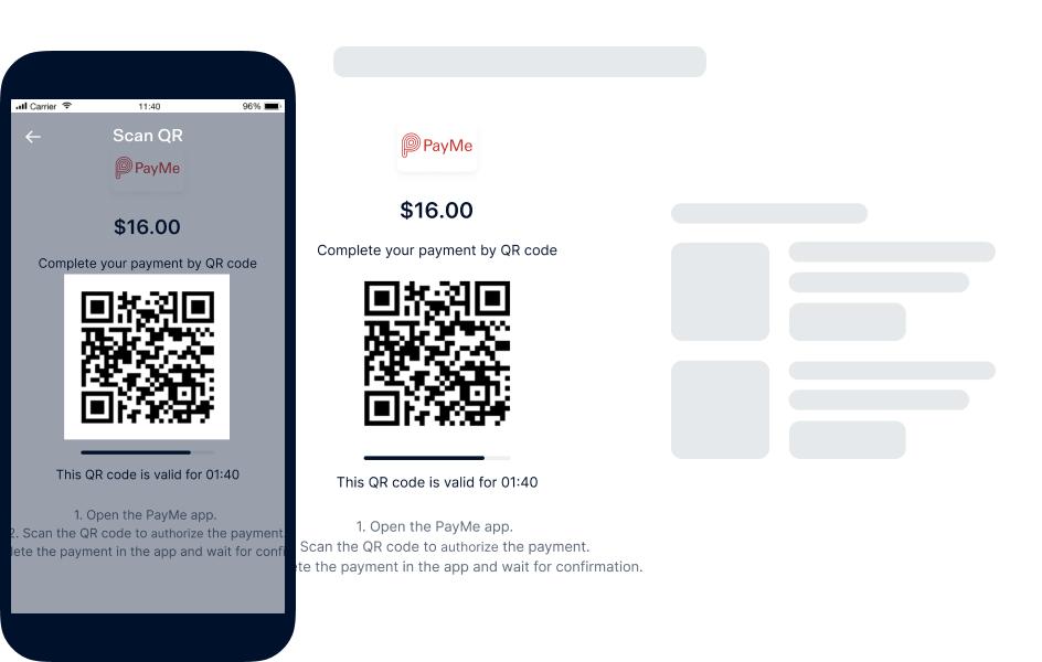 Mobile screen showing PayMe QR code payment interface with transaction amount $16.00.
