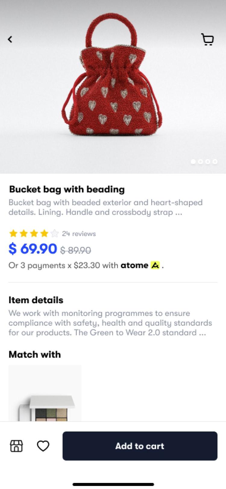 Red bucket bag with beaded exterior and heart-shaped details on online store page