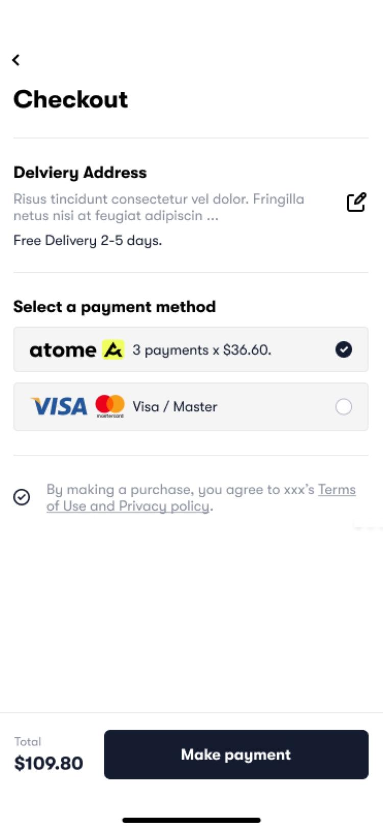 Mobile checkout screen showing delivery address, payment methods including Atome and Visa, and total amount with payment confirmation button
