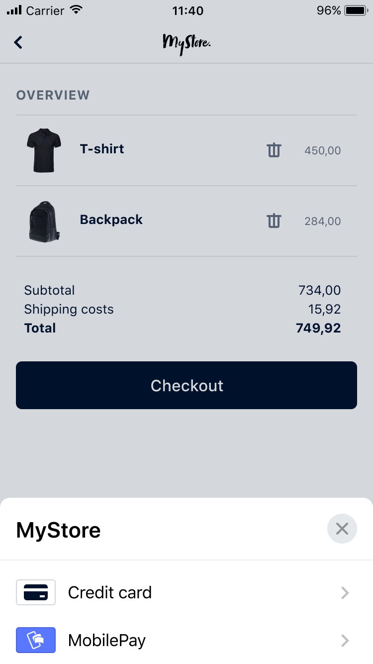 Mobile store interface showing items in cart with subtotal and checkout button displayed