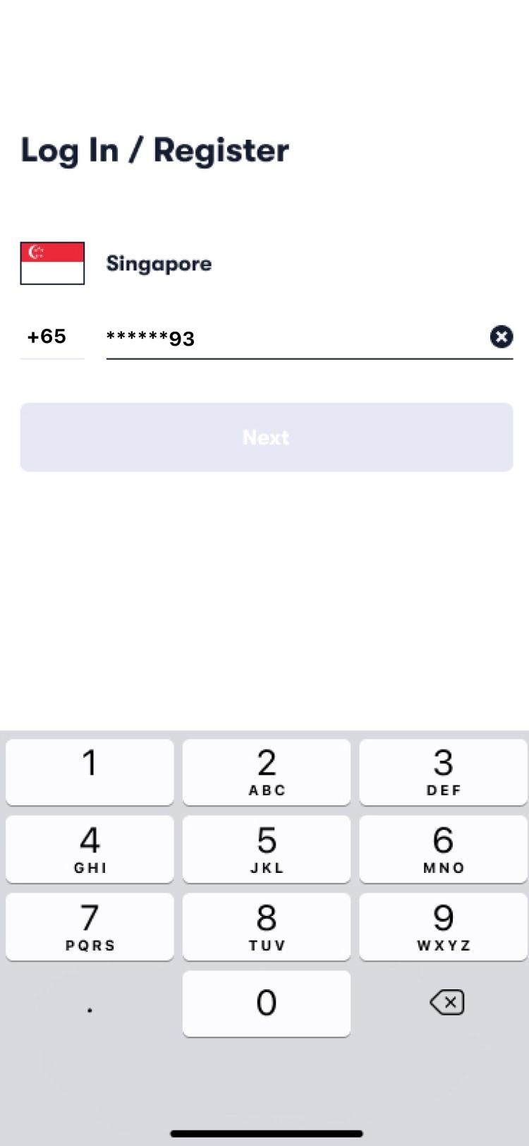 Mobile phone number login or registration screen with numeric keypad