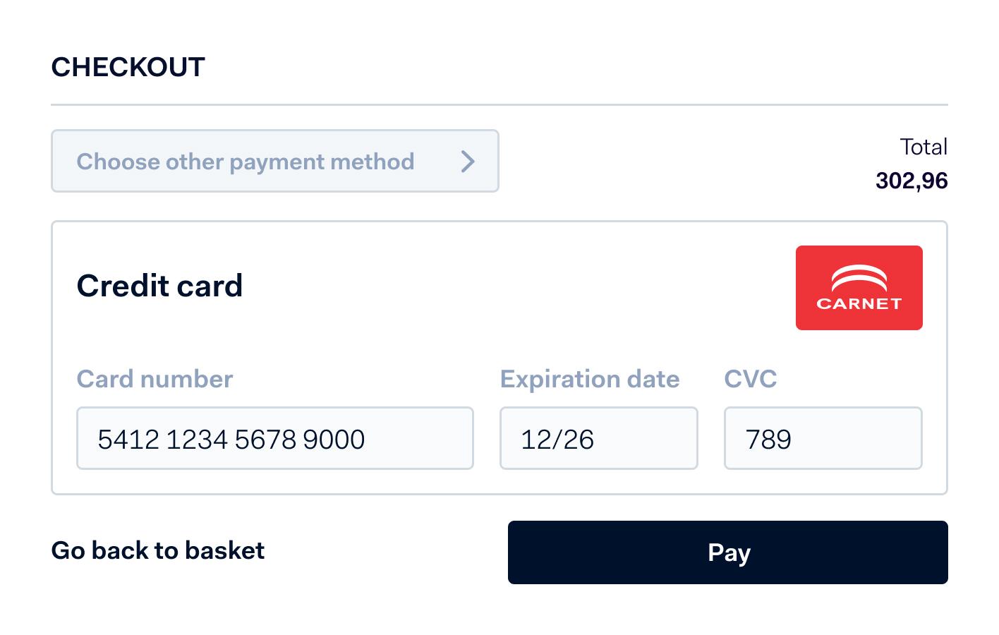 Interface de pagamento online com opção de cartão de crédito e logotipo Carnet