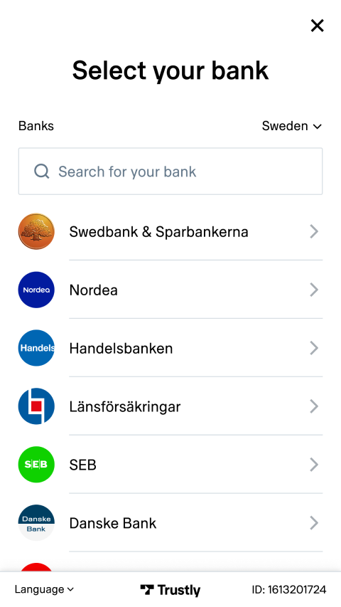 Interface de banking móvel exibindo uma seleção de bancos suecos para processamento de pagamentos