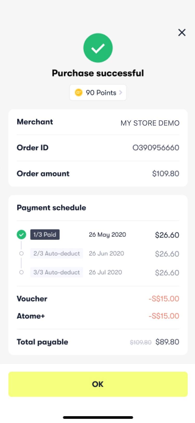 Mobile payment confirmation screen showing successful purchase, points earned, and payment schedule