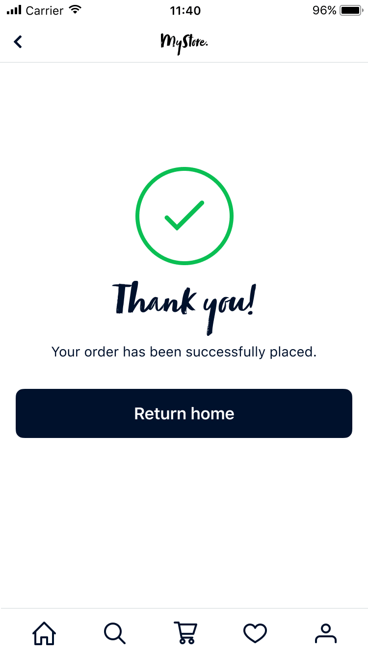 Confirmation screen with a checkmark indicating a successful order placement and a return home button