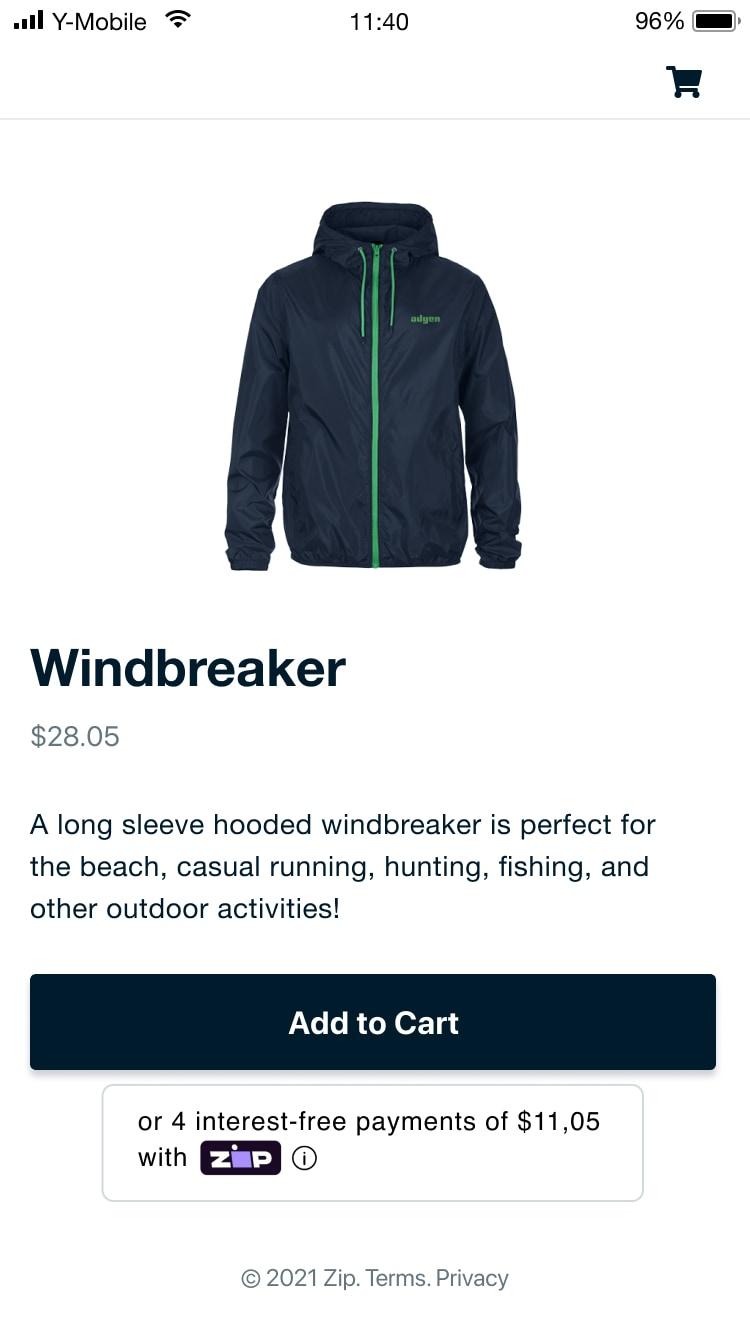 Navy blue hooded windbreaker with green zipper, displayed on a mobile shopping app.