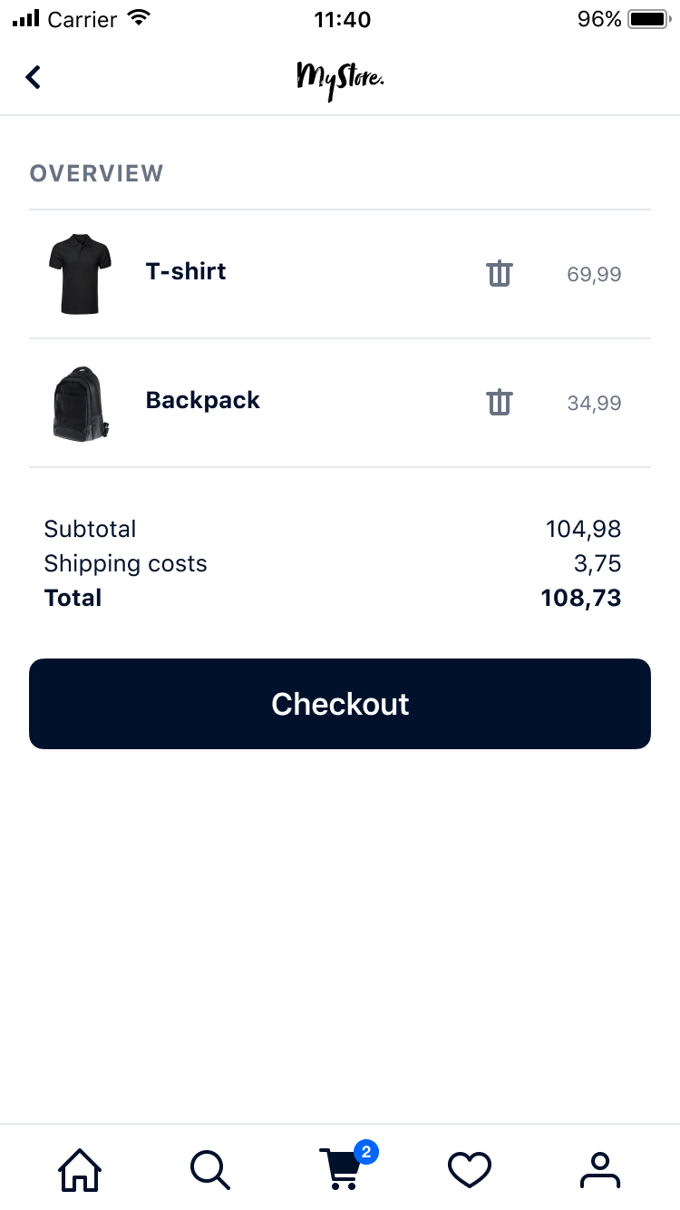 Mobile screen showing a shopping cart with a T-shirt and Backpack and total cost for checkout.