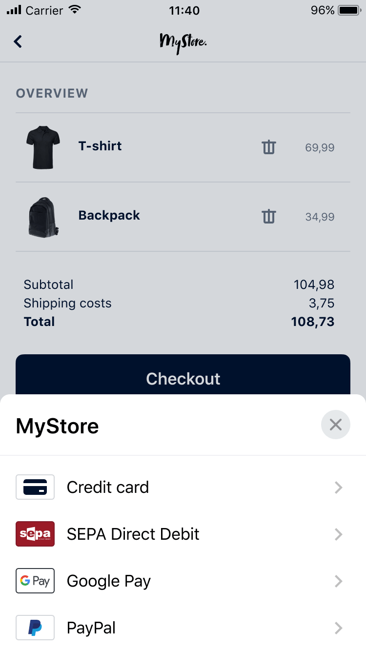 Mobile shopping cart with a T-shirt and backpack listed, showing total price and checkout button with payment options including Google Pay and PayPal