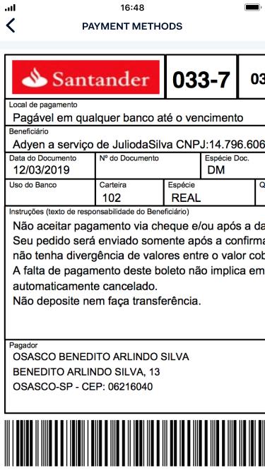 Adyen's Brazilian payment slip for processing transactions