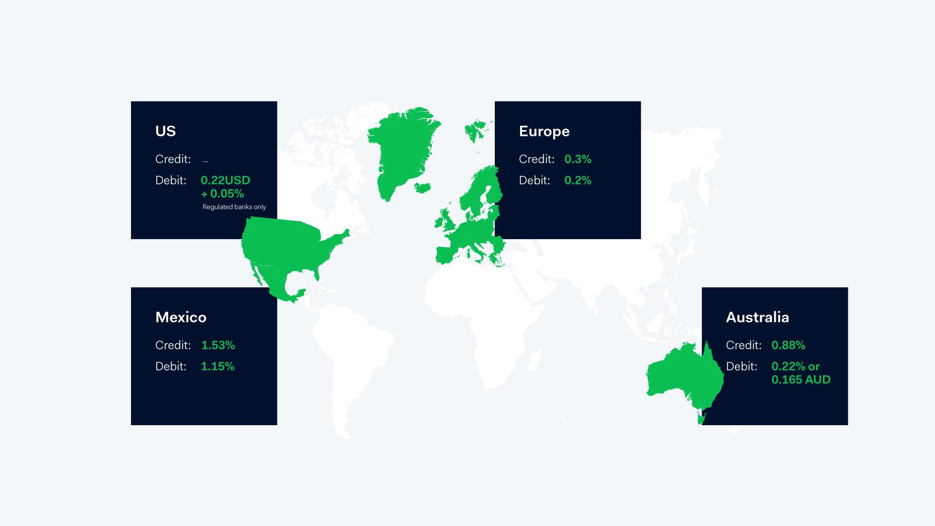 Kaart met interchange fees caps in de wereld.