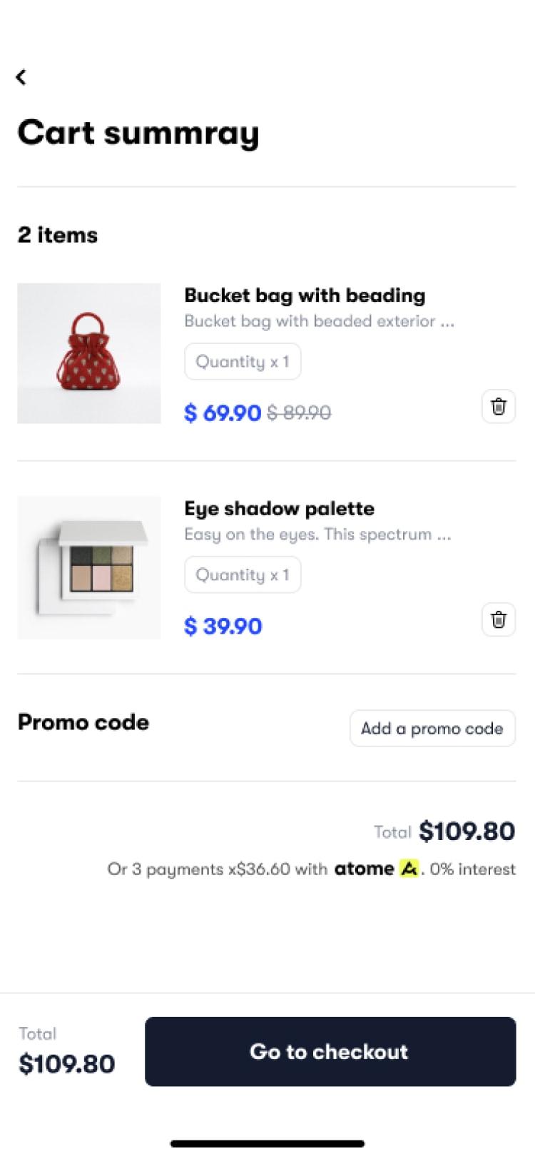 Shopping cart summary screen showing 2 items with Atome payment option