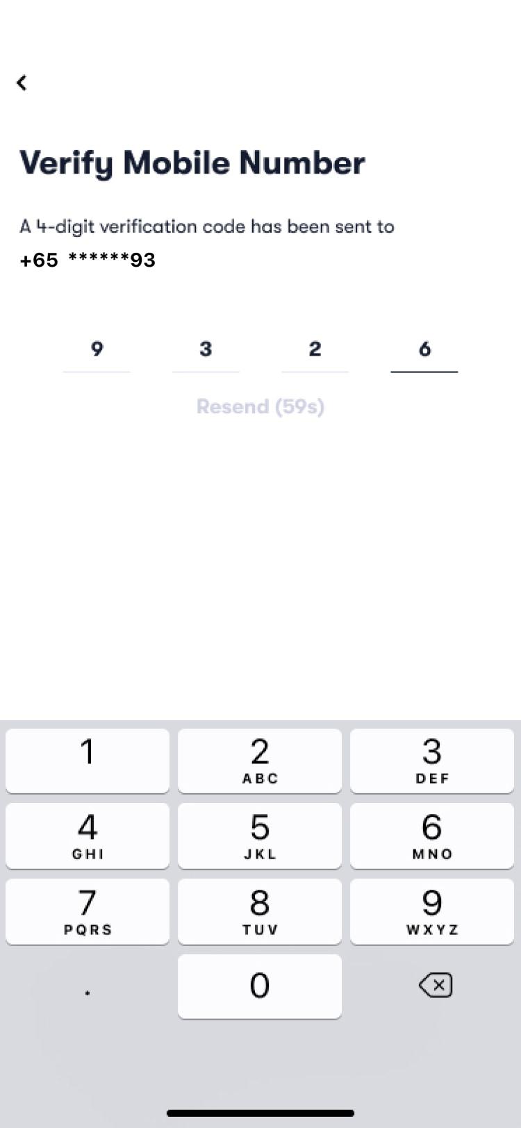 Mobile number verification screen with an input field for a 4-digit code and a numeric keypad