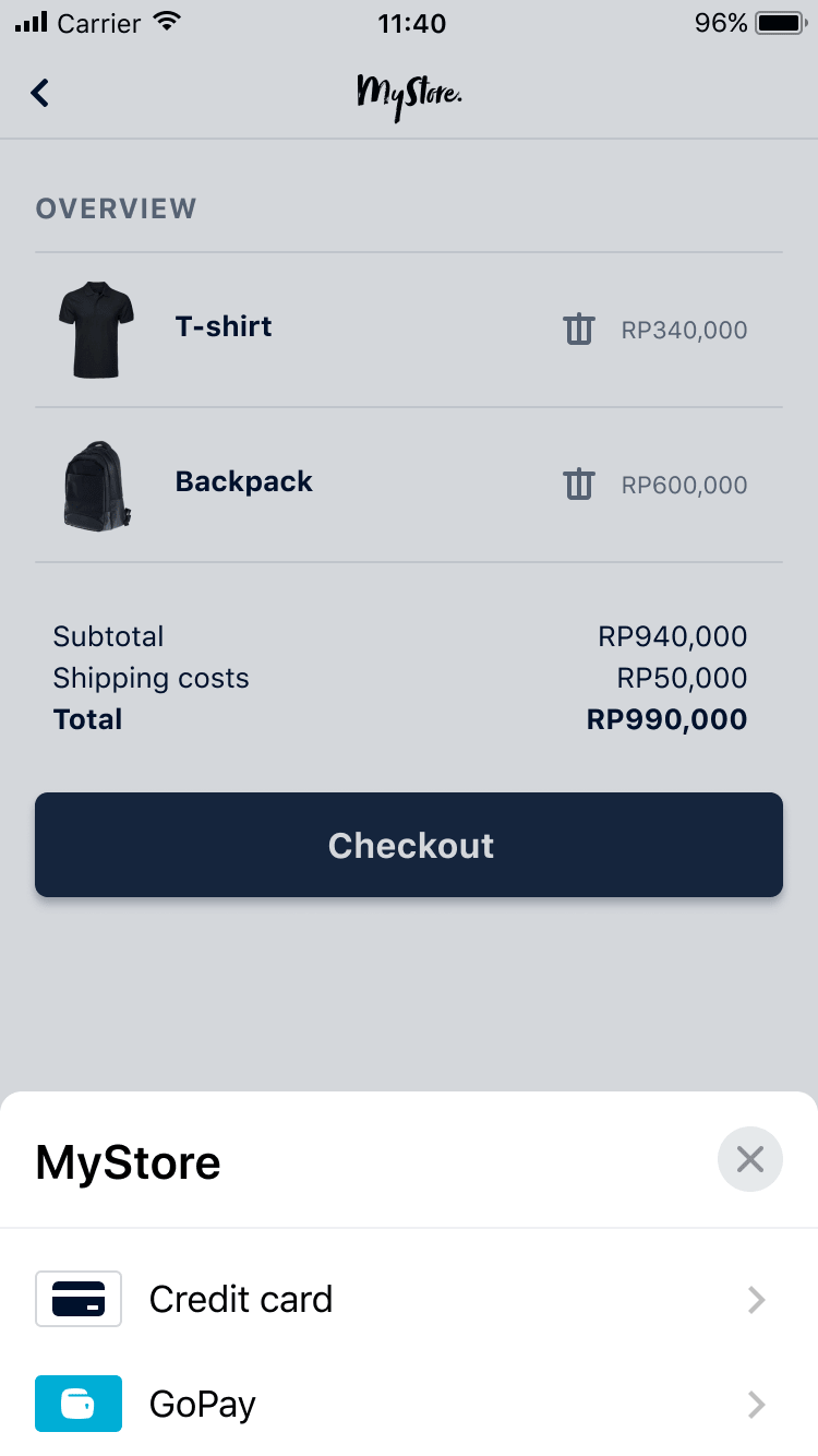 Mobile shopping cart screen showing a t-shirt and a backpack with prices, subtotal, and checkout button.
