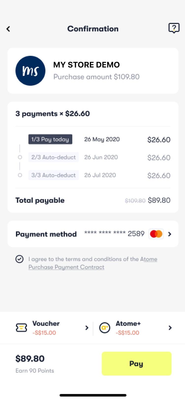 Payment confirmation screen showing installment options, discounts, and total payable amount