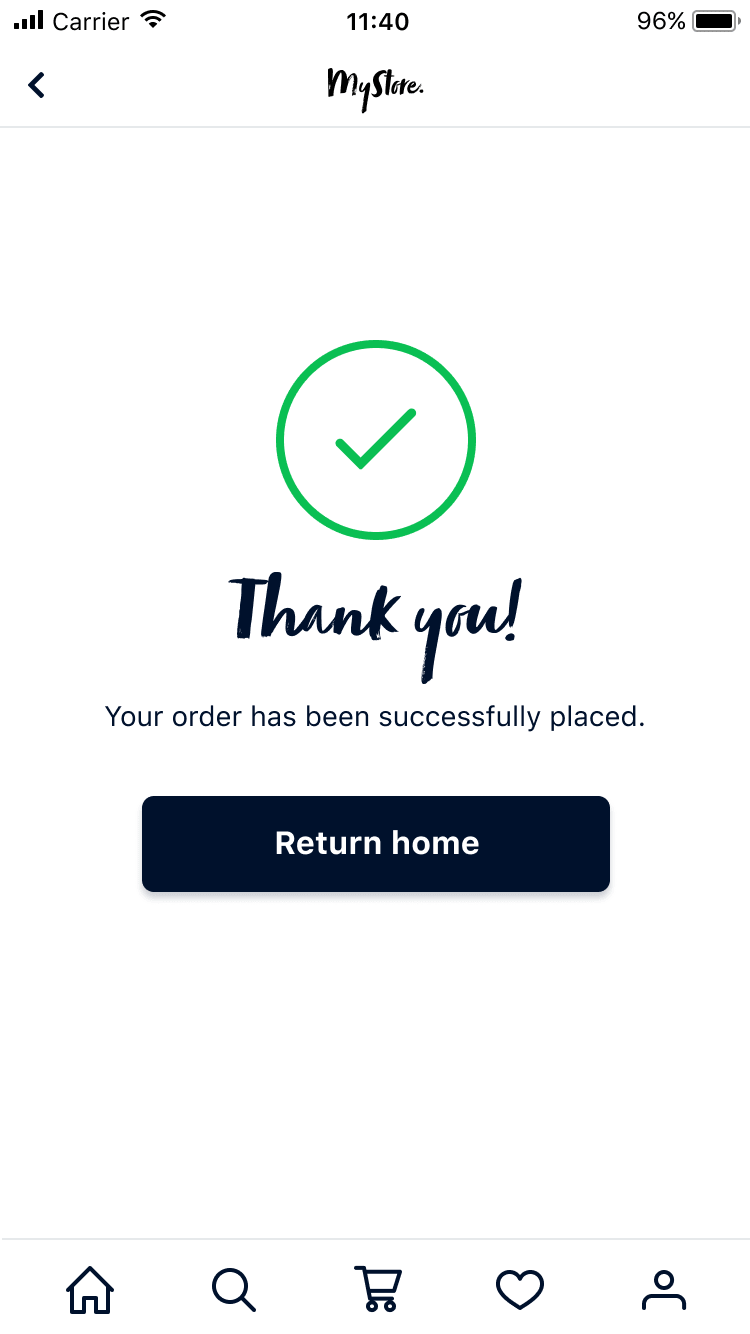 Confirmation screen with a checkmark indicating a successful order placement on a mobile app