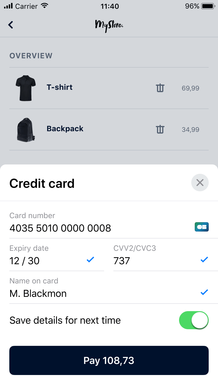 Mobile payment screen with credit card information fields and a total of 108.73