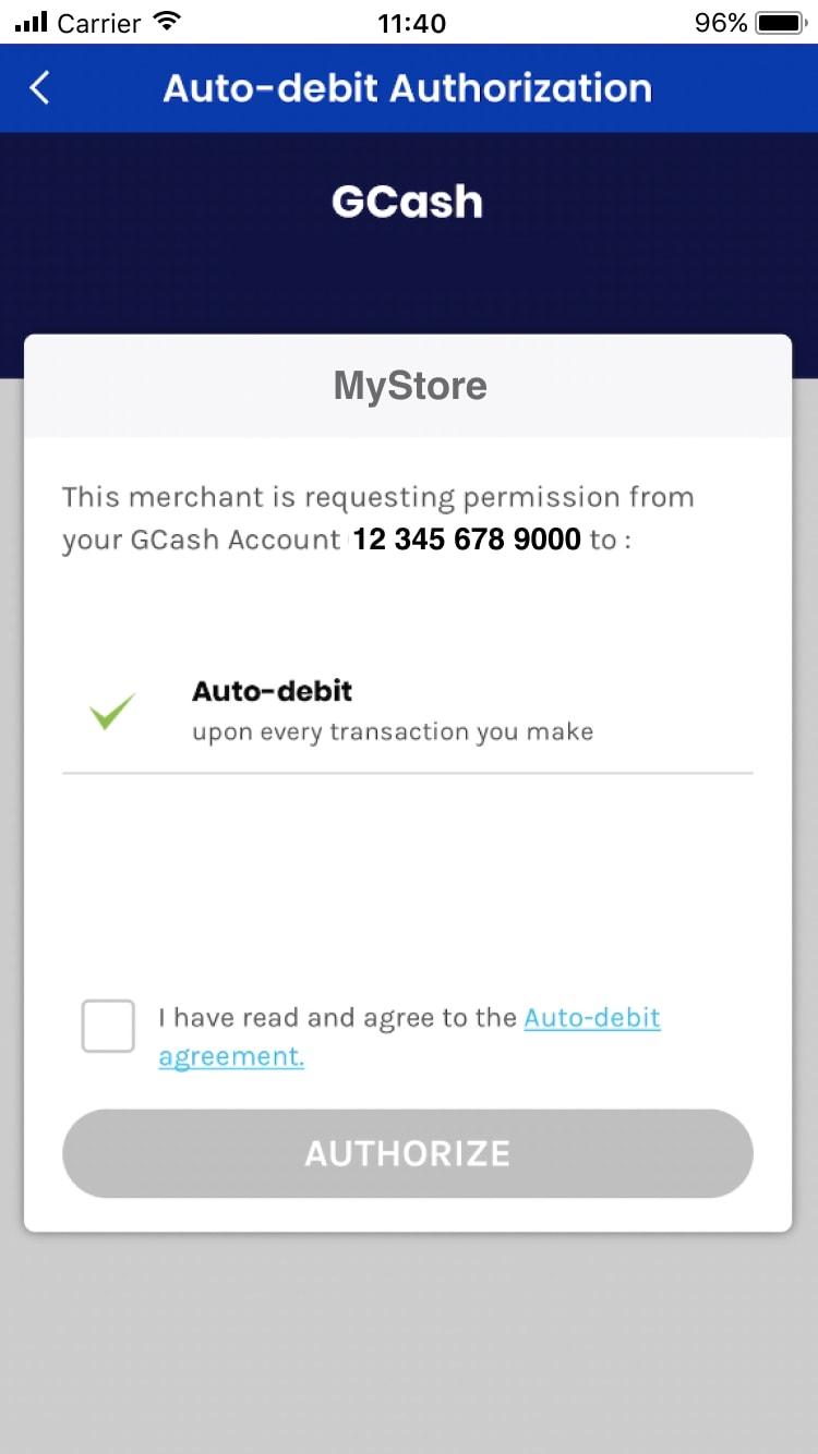 GCash auto-debit autorisasjonskjerm med valg for å autorisere automatisk debitering for transaksjoner